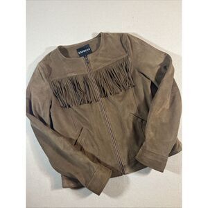 Express Faux Leather Jacket Coat‎ Suede Women S Brown Fringe Western Y2K Boho